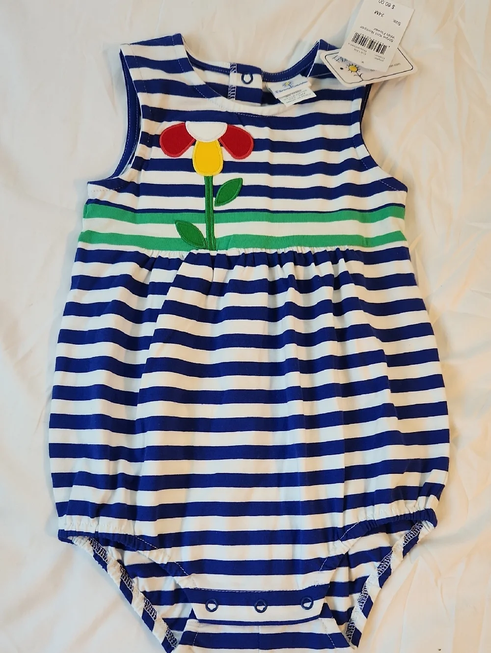 Florence Eiseman Navy & White Striped Baby Romper with Yellow Sun Logo